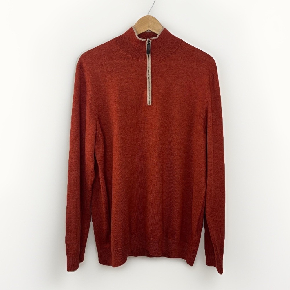 Hagen Carmel Sweater Mens XL Brown Rust Red 1/4 Quarter Zip Merino‎ Wool Italy